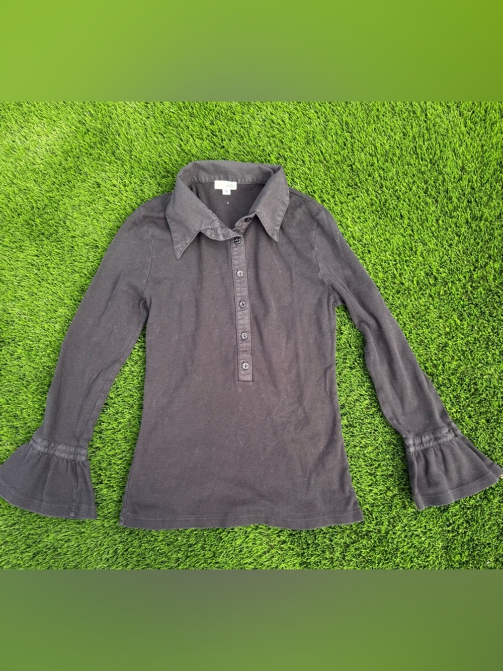 Odille Anthropologie Black Collared Long Sleeve belled cuffs Top